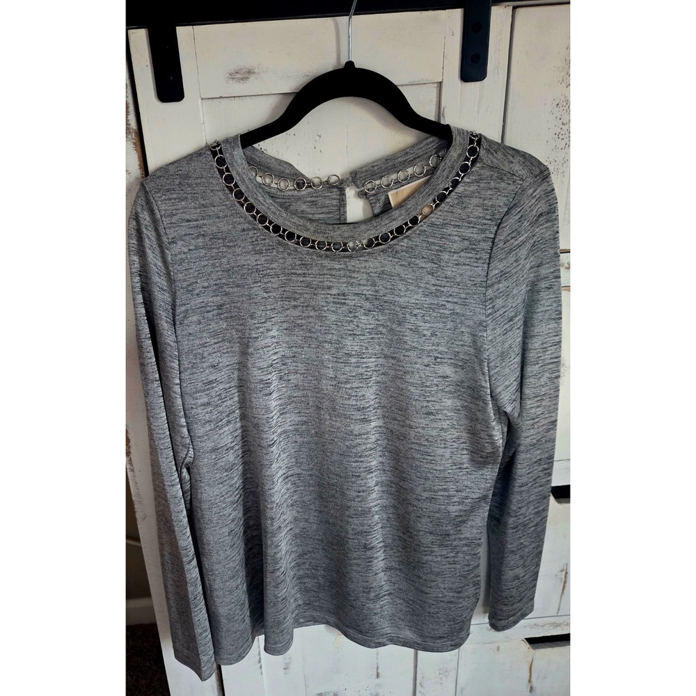 Michael Kors Women's Top Shirt Size L‎ Jewelry Scoop Neck Long Sleeve Gray